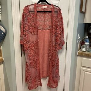 UMGEE SZ XL Kimono Dusty Rose Boho Embroidered Floral Acid Wash Beach Coverup